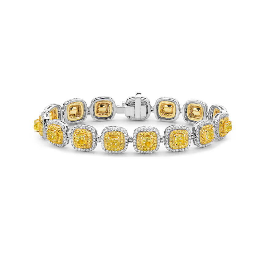 Unique yellow diamond bracelet, double halo yellow diamonds, yellow diamonds, natural yellow diamonds, canary yellow diamonds.
