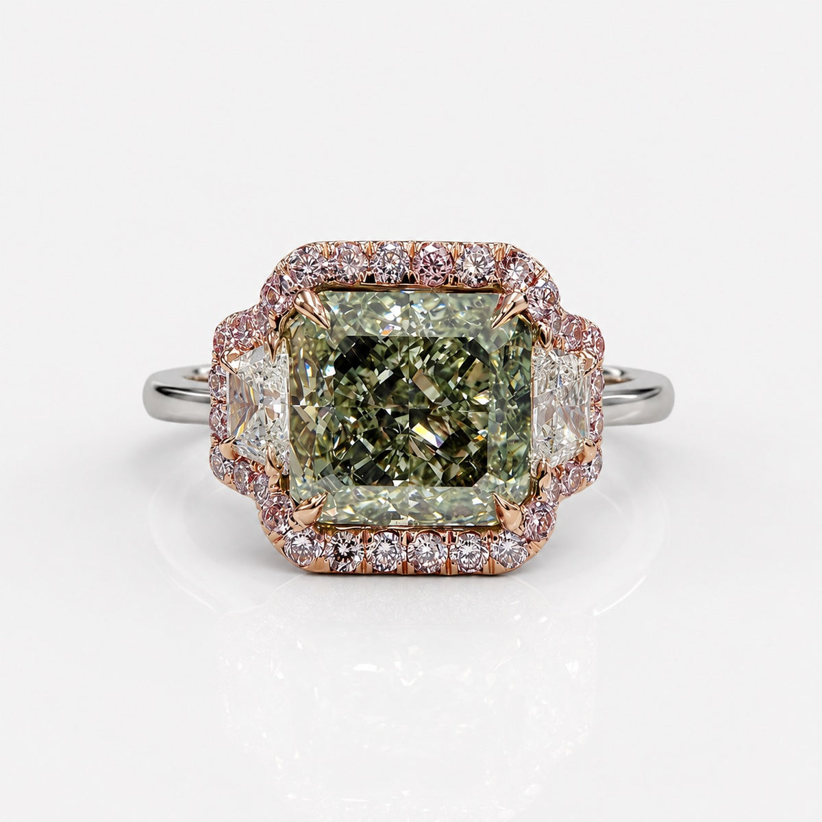 2.54ct GIA green radiant diamond three stone engagement ring with pink diamond halo | Rare Colors by Namdar, NYC