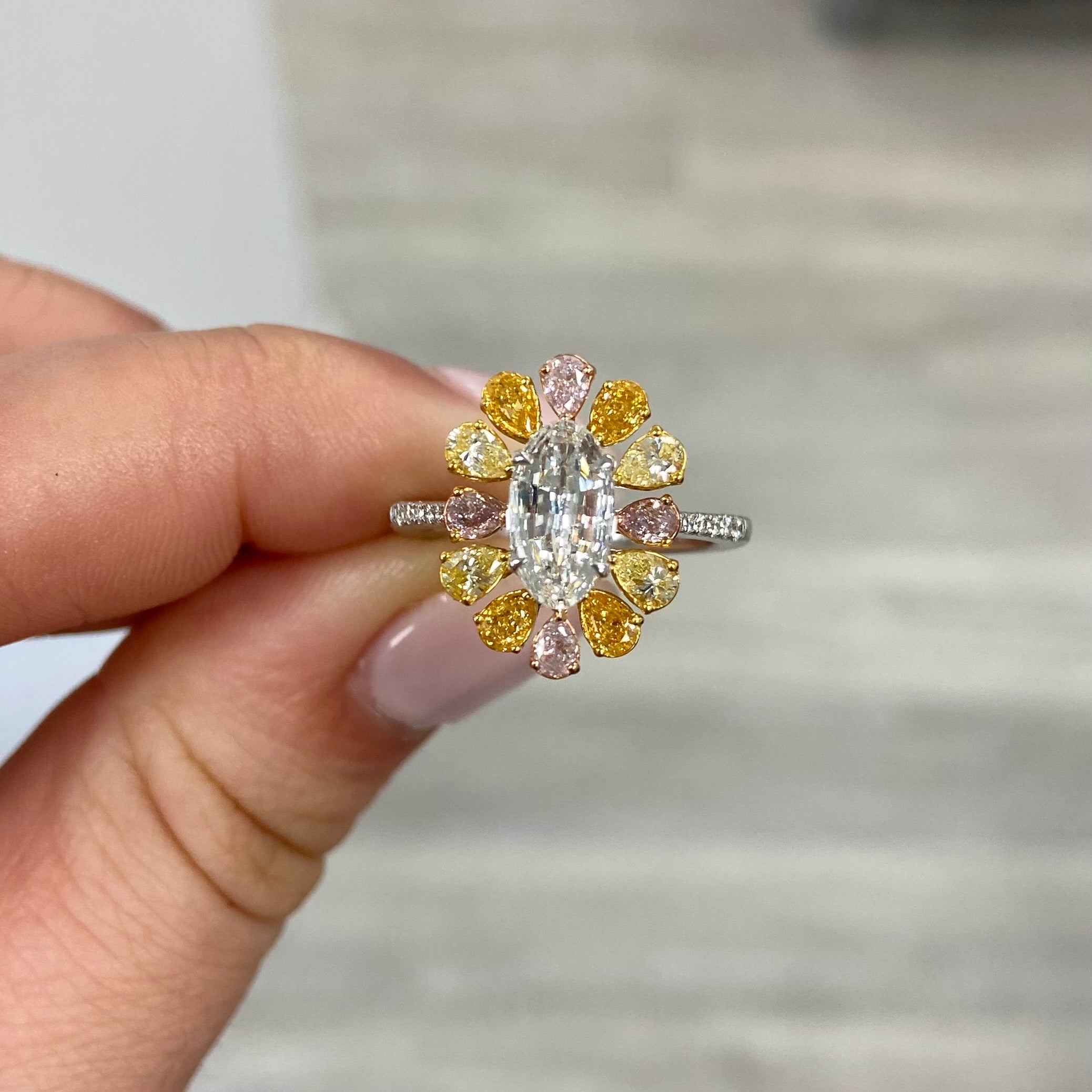 2.16 Carat Total Weight 1 Carat Center Elongated Oval Diamond VS2 Clarity  GIA Certified Diamond 1.16 Carats of Multi Color Pear Shape Diamonds One of A Kind Design Handmade in NYC.