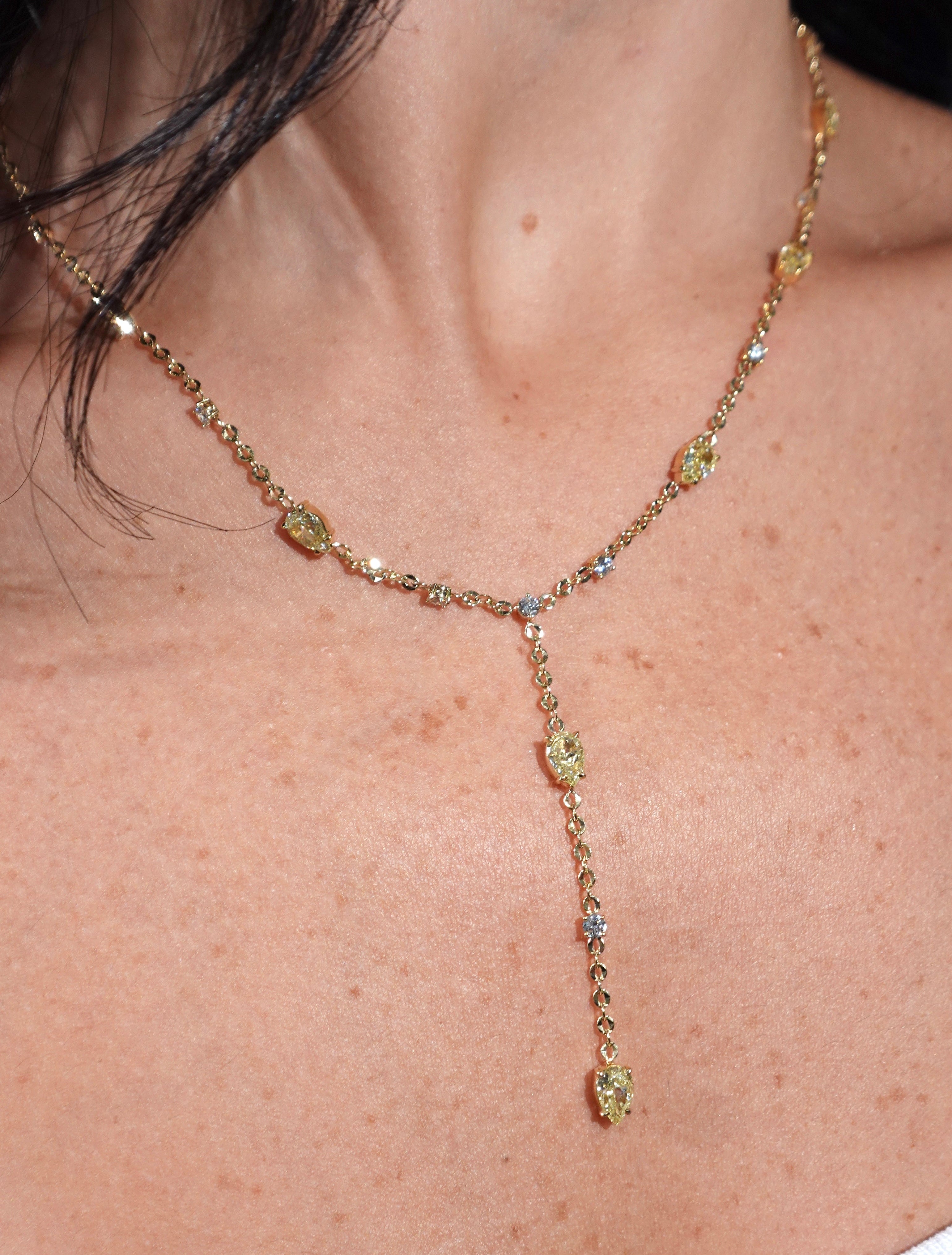 8.5ct Fancy Yellow Pear diamond lariat necklace at Rare Colors by Namdar, 5th Avenue New York