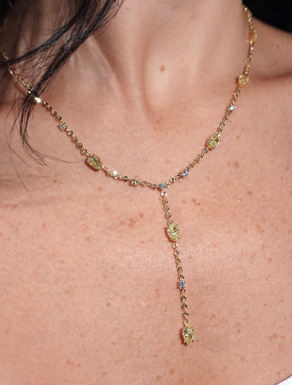 8.5ct Fancy Yellow Pear diamond lariat necklace at Rare Colors by Namdar, 5th Avenue New York