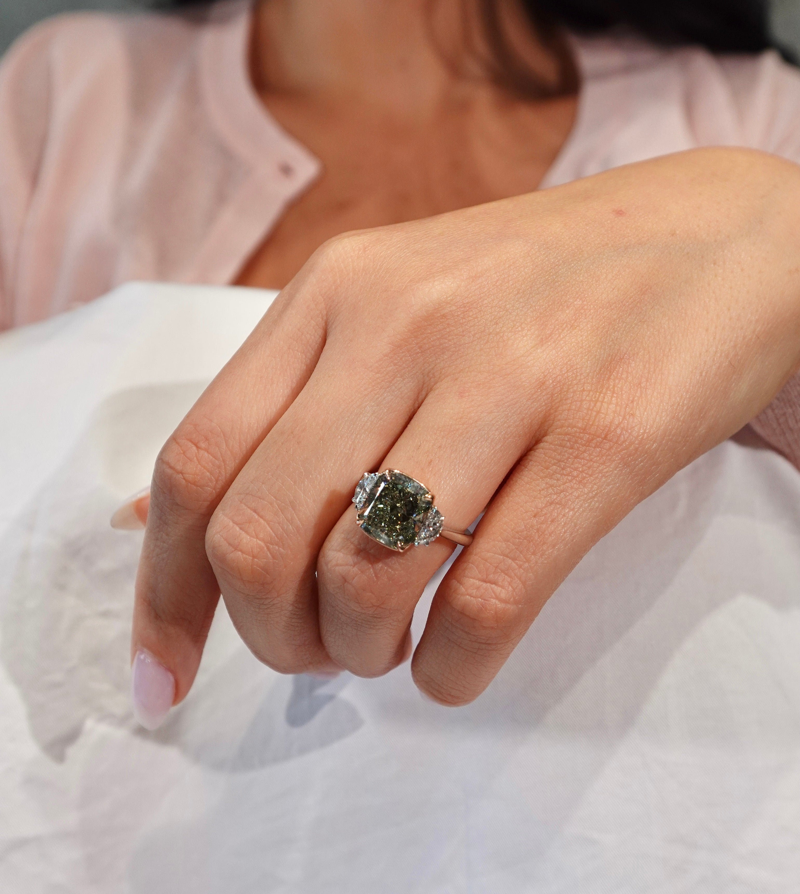 6.08ct Fancy Yellow-Green Cushion Diamond Engagement Ring