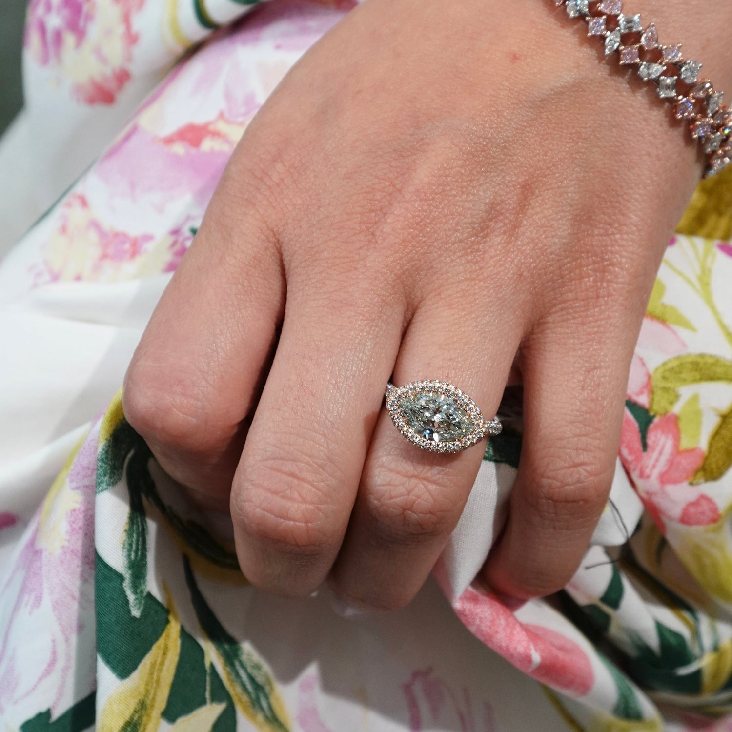 Green Marquise halo ring — color diamond specialists Rare Colors by Namdar