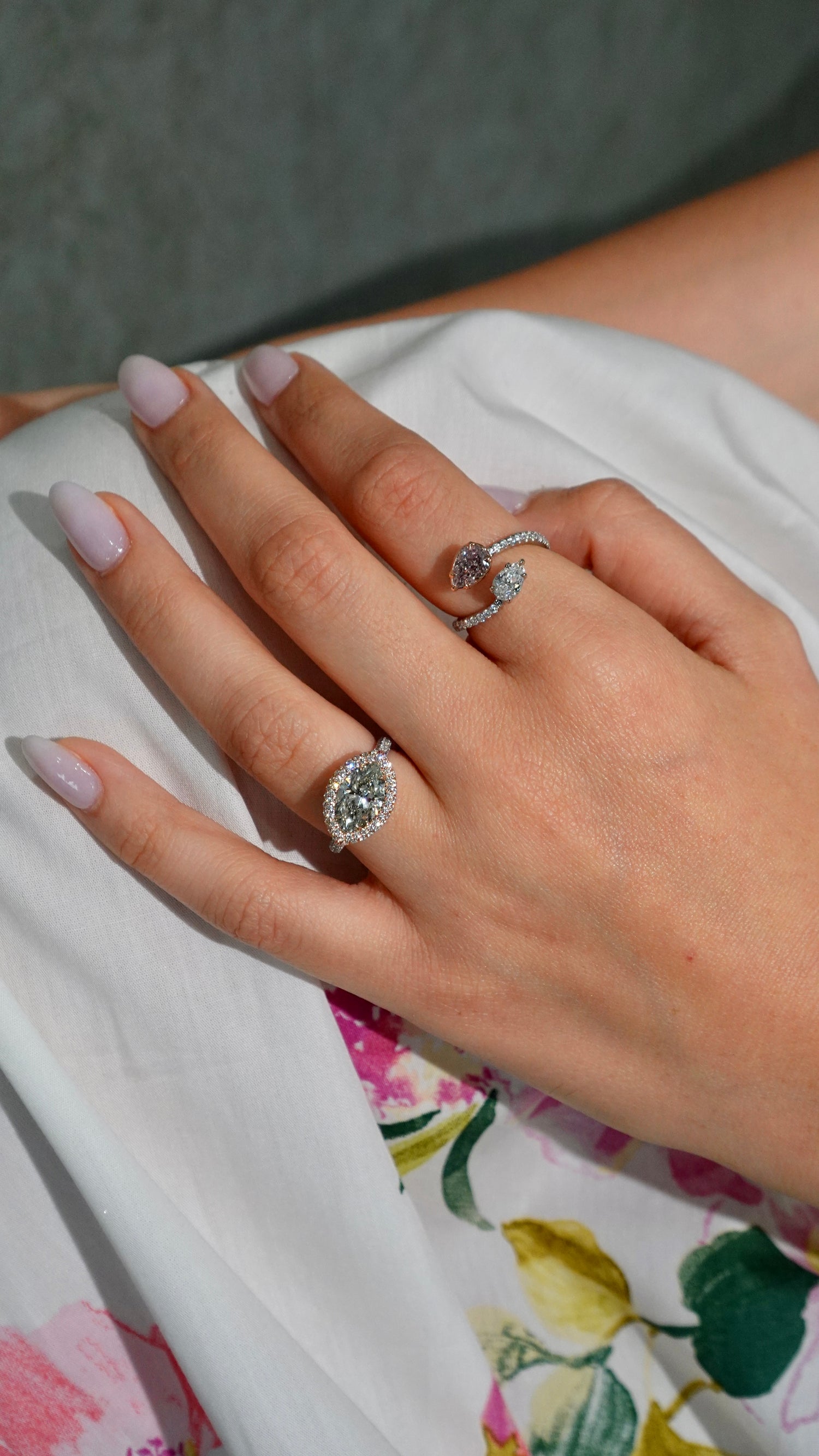 Rare Colors by Namdar Green Marquise diamond halo ring, New York City