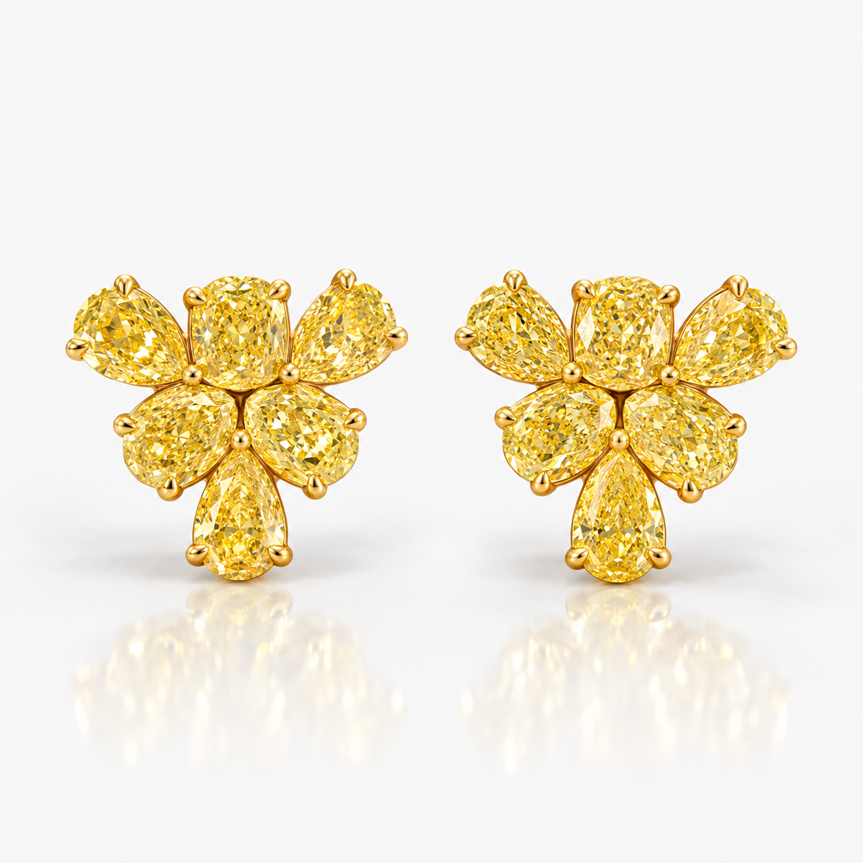 Fancy Yellow Pear and Cushion Diamond Floral Cluster Stud Earrings
