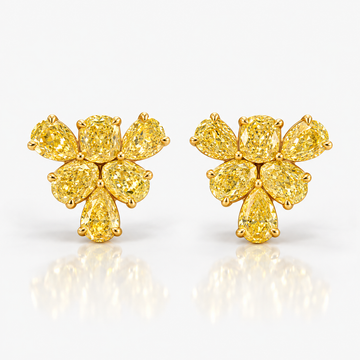 Fancy Yellow Pear and Cushion Diamond Floral Cluster Stud Earrings