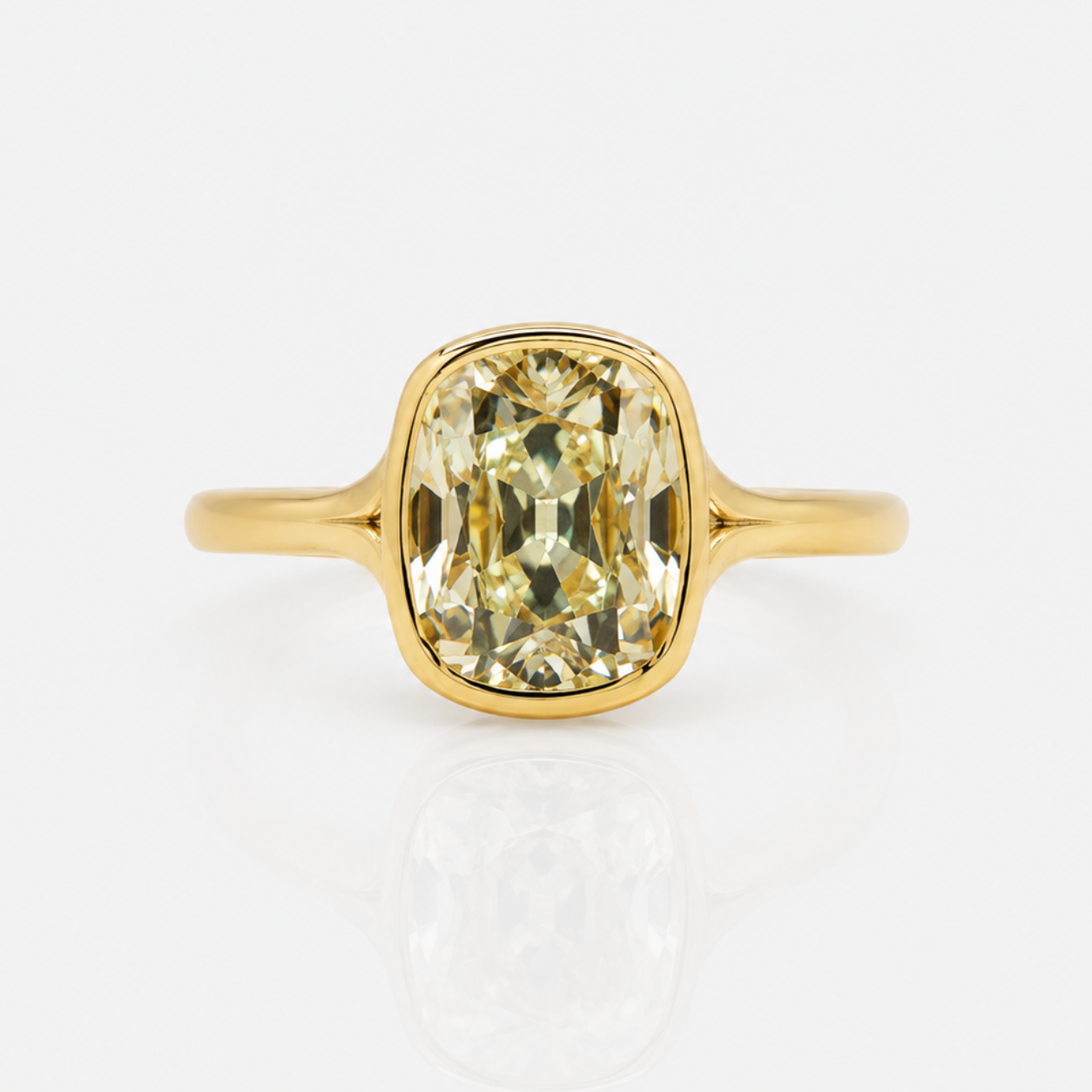 Yellow Old Mine Cushion Diamond Split Shank Bezel Solitaire Engagement Ring