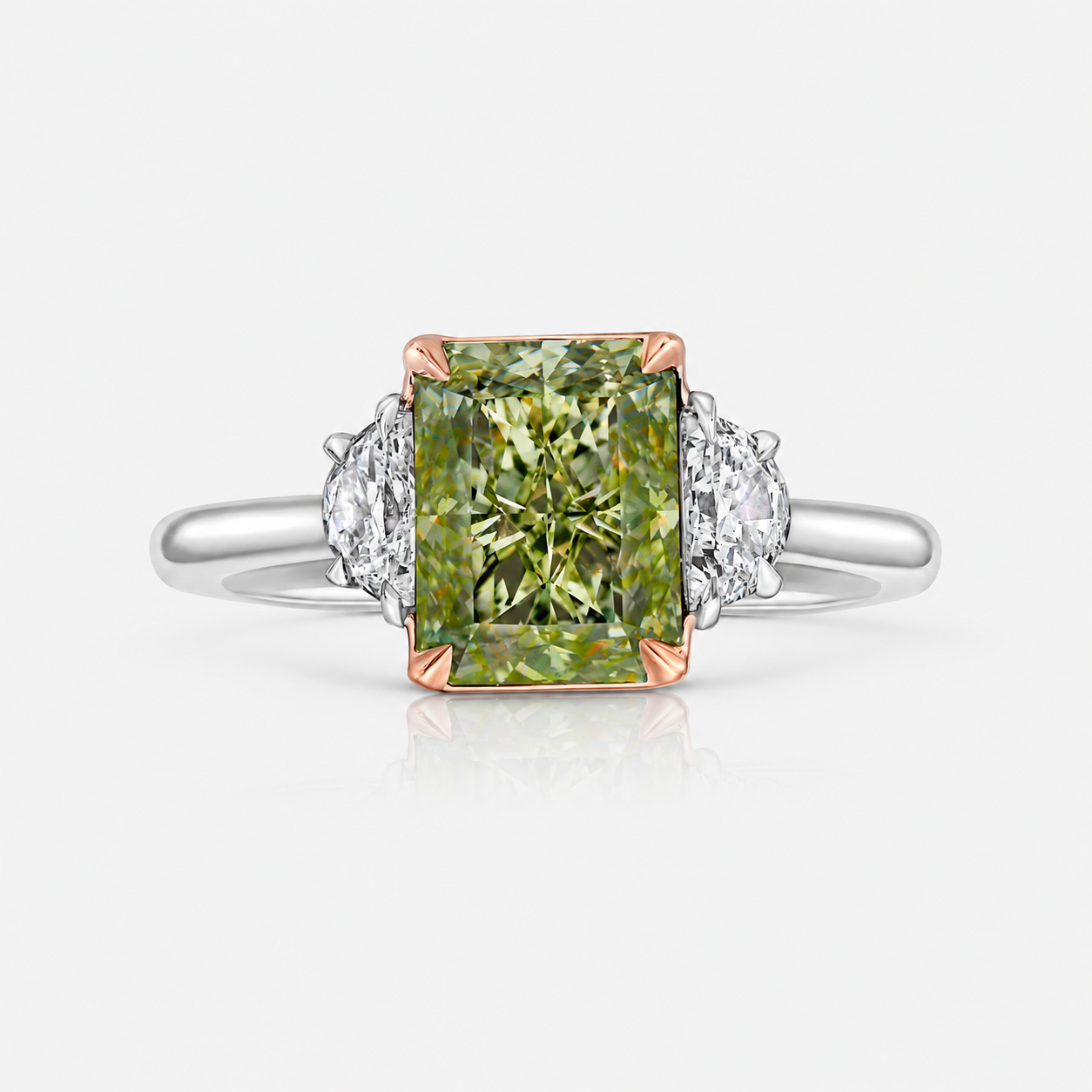 3ct GIA Fancy Green-Yellow Elongated Radiant Diamond Three Stone Engagement Ring