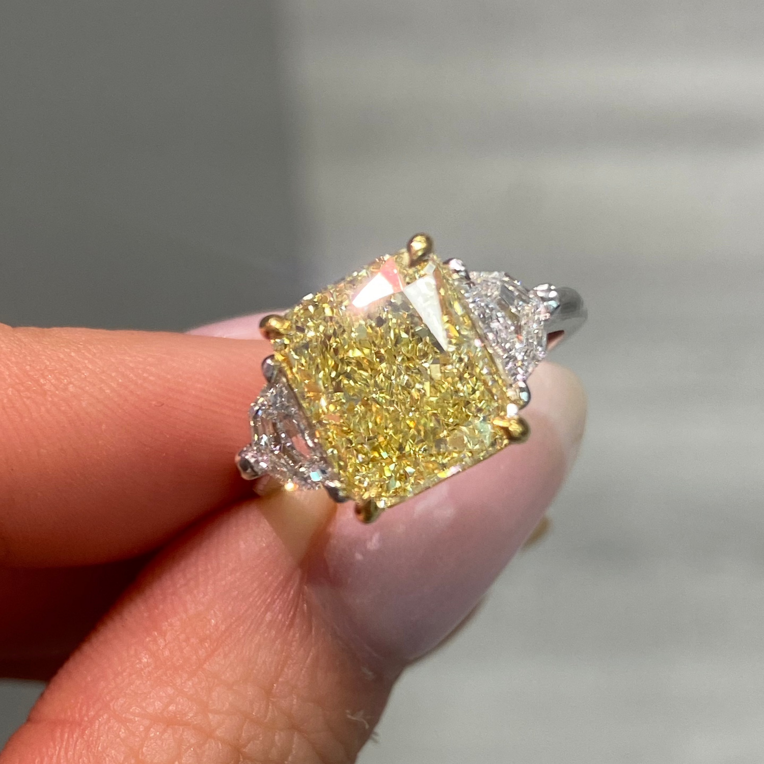 Natural 5ct Fancy Yellow Elongated Radiant diamond engagement ring — Rare Colors by Namdar NYC