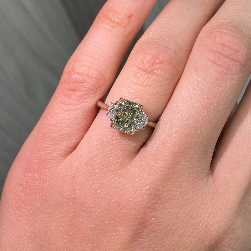 3ct Greenish Yellow engagement ring — color diamond specialists Rare Colors by Namdar