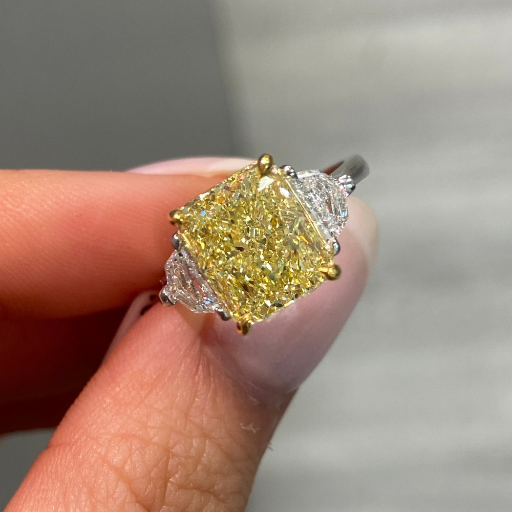 5ct Fancy Yellow Elongated Radiant engagement ring — color diamond specialists Rare Colors by Namdar
