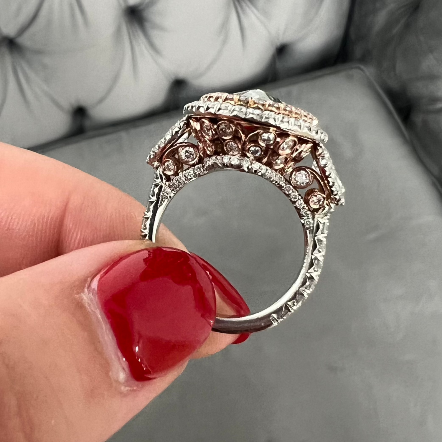 Unique green marquise cut diamond ring featuring a GIA certified diamond.