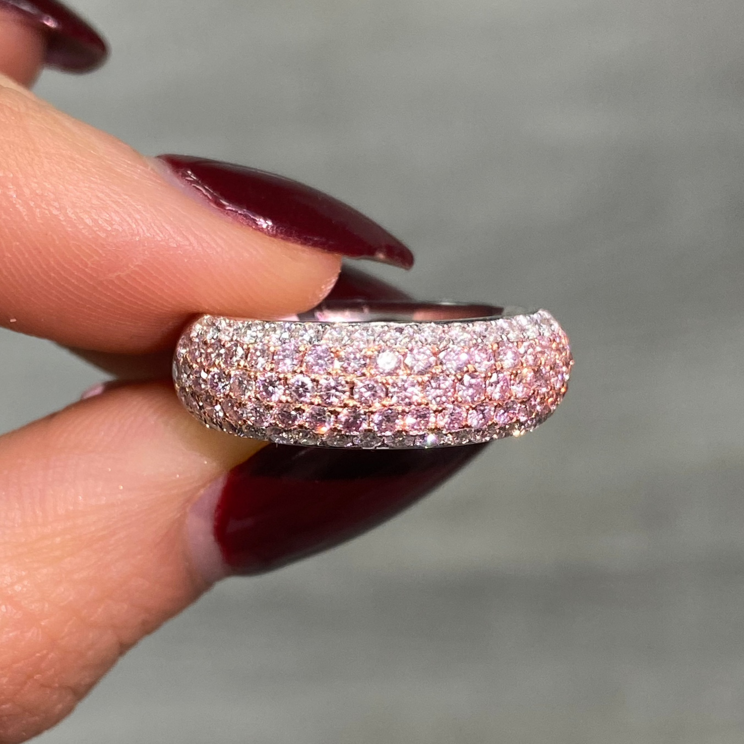 Unique 5 row pink and white diamond ring.