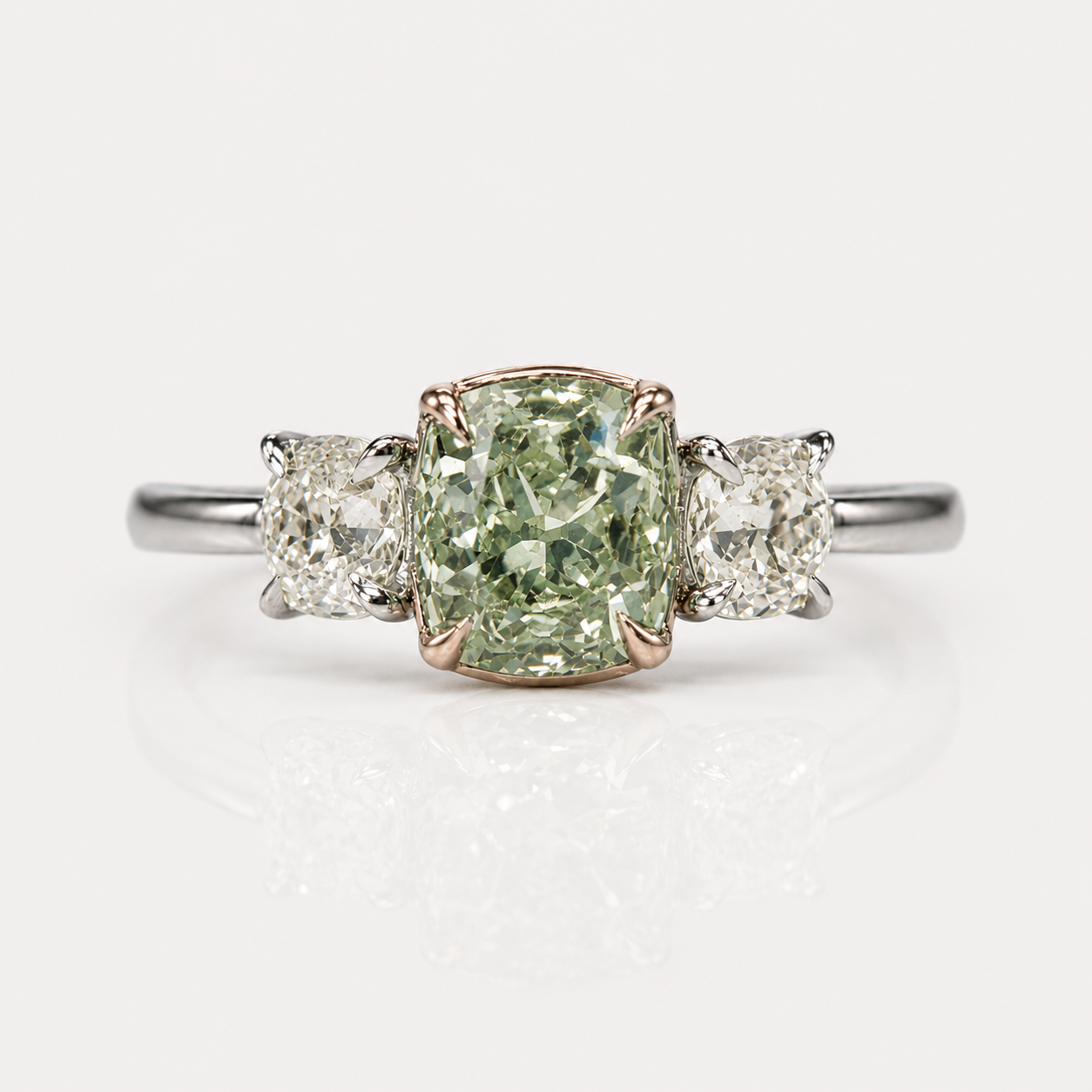 1.53ct Fancy Yellowish Green Old Mine Cushion Diamond Three Stone Engagement Ring