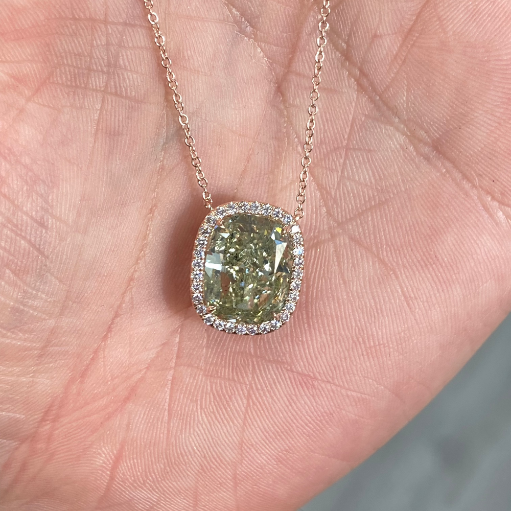 GIA 5.83ct Green Cushion diamond pendant at Rare Colors by Namdar, 5th Avenue New York