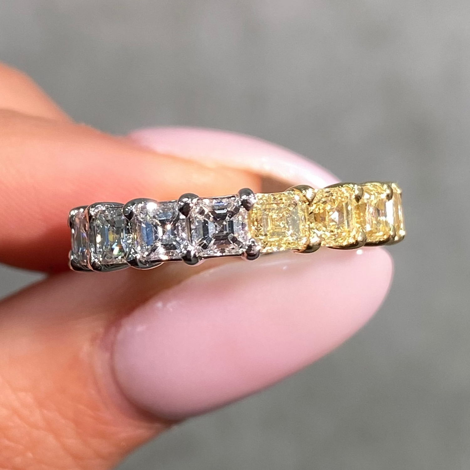 Fancy Yellow and White Asscher Diamond Half Eternity Band