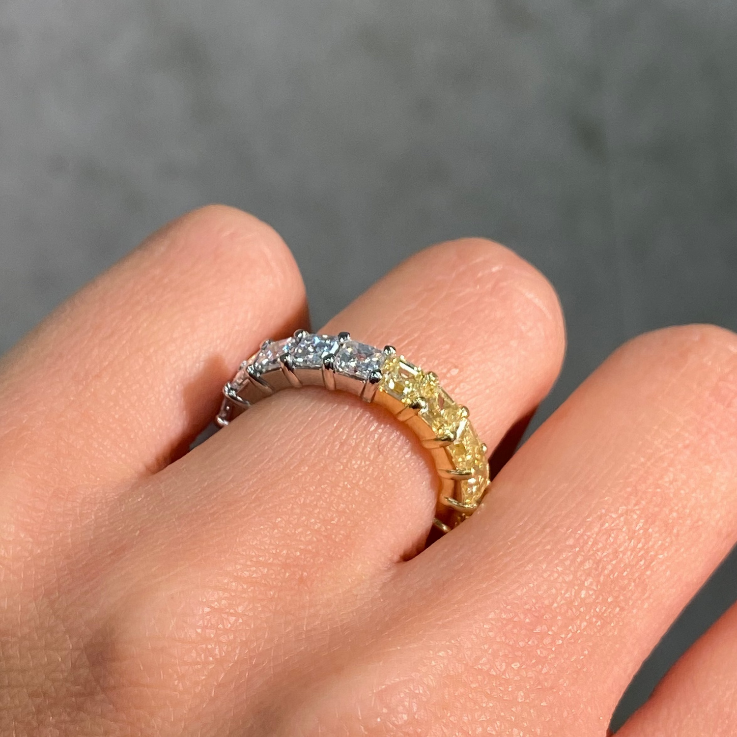 Fancy Yellow and White Asscher Diamond Half Eternity Band