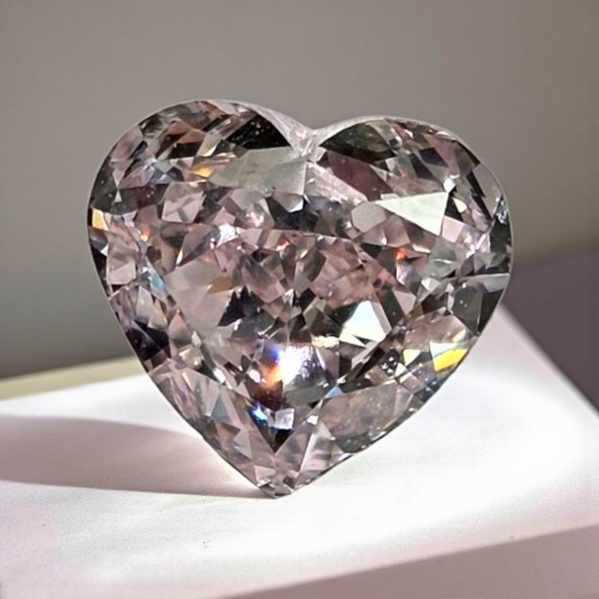 Heart-shaped light pink diamond on a gray background