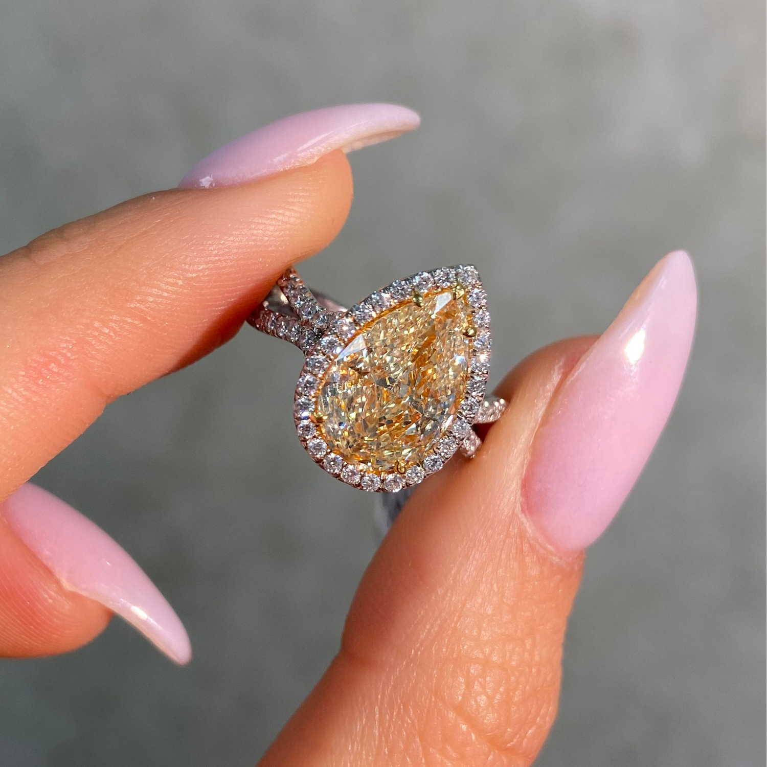 3ct Light Yellow Pear engagement ring — color diamond specialists Rare Colors by Namdar