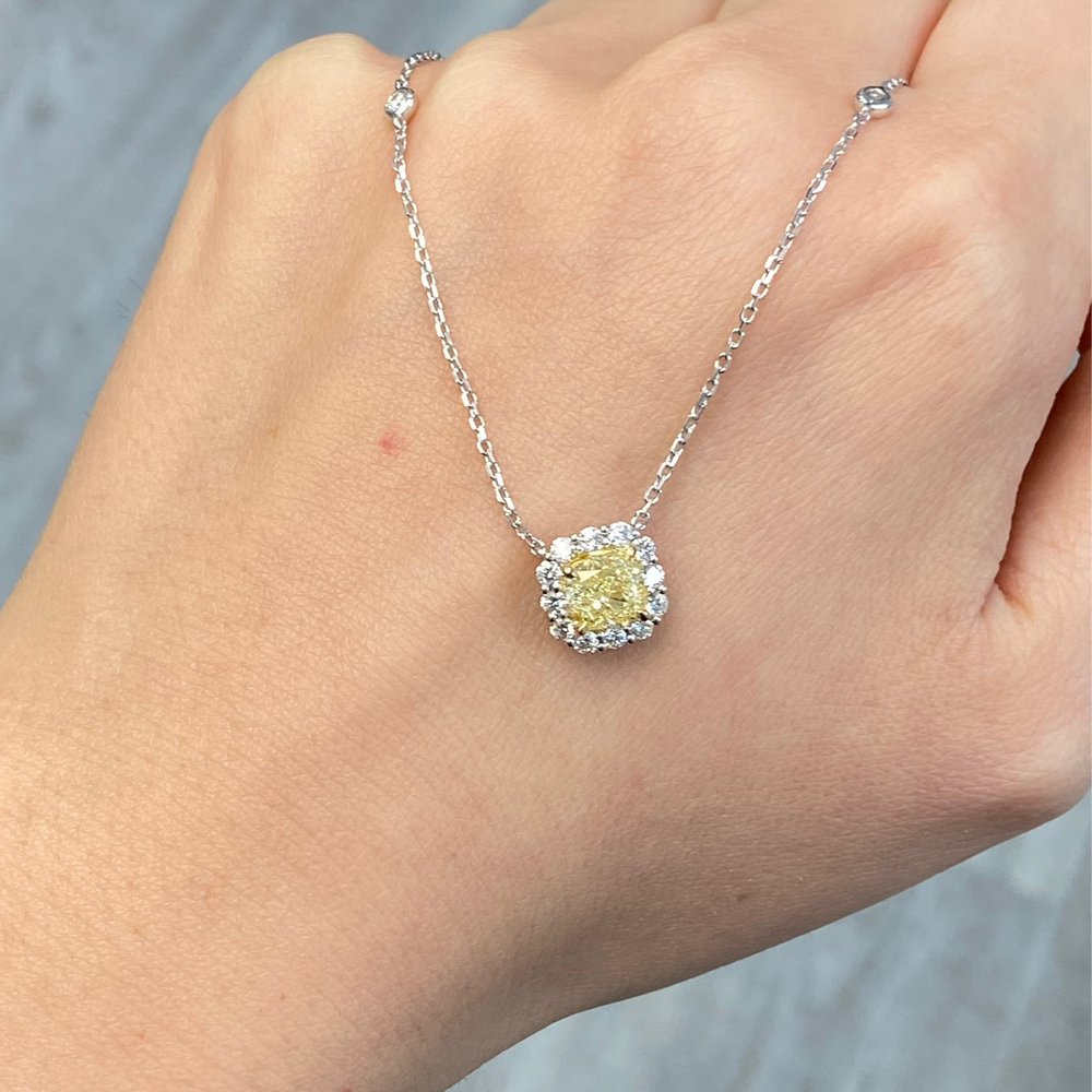 1ct Fancy Light Yellow Cushion diamond pendant necklace by Rare Colors by Namdar, New York City