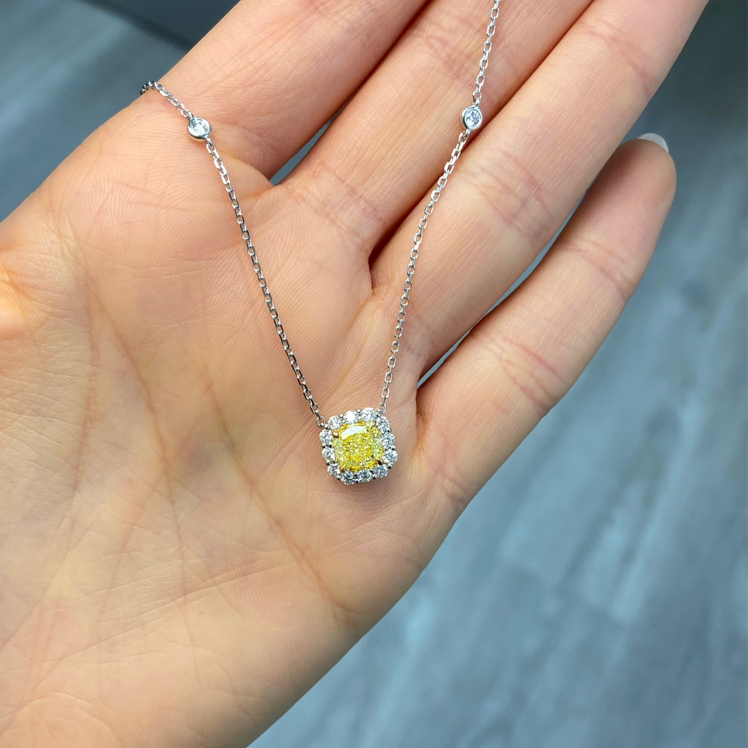 1ct Fancy Light Yellow Cushion diamond pendant necklace, handcrafted by Rare Colors by Namdar