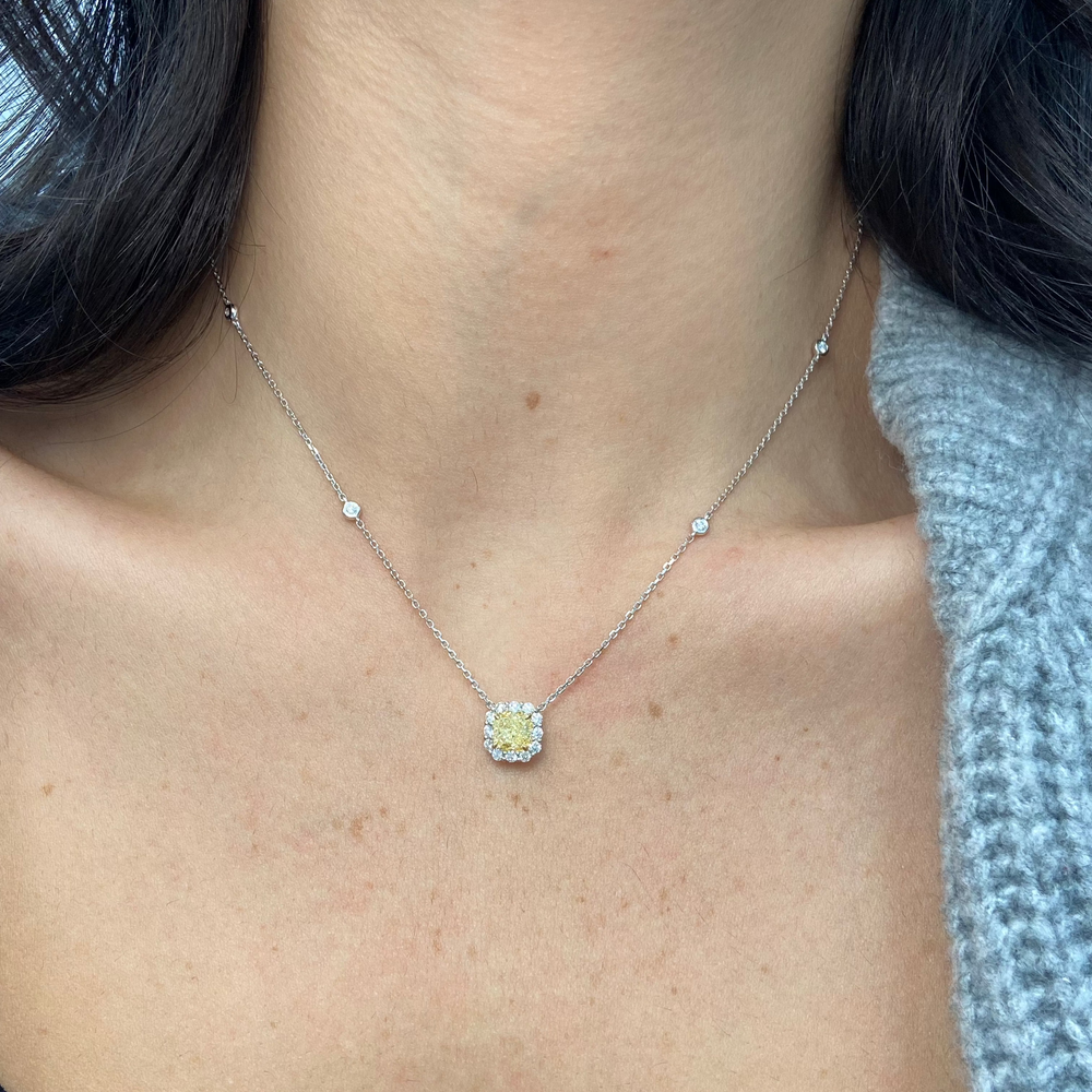 Natural 1ct Fancy Light Yellow Cushion diamond pendant necklace — Rare Colors by Namdar NYC