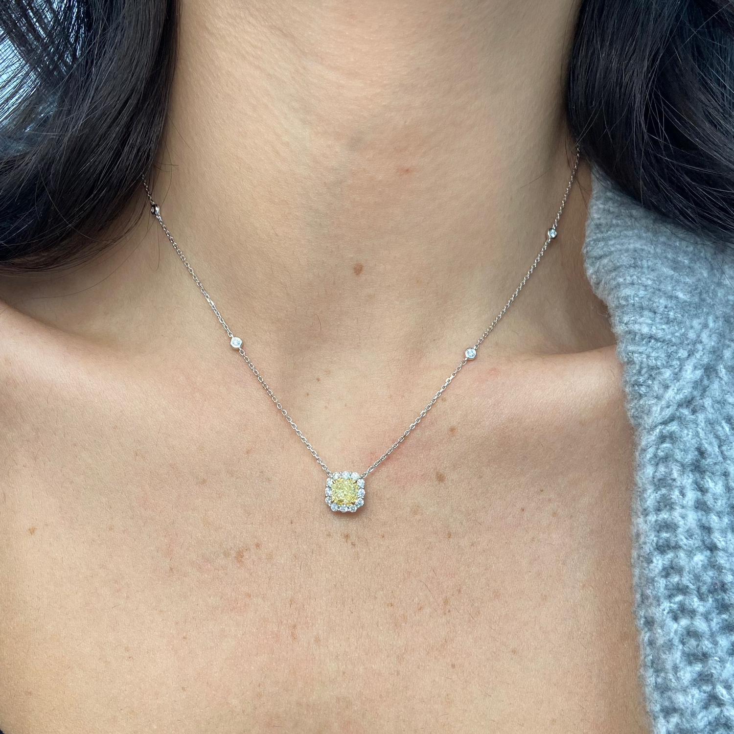 Natural 1ct Fancy Light Yellow Cushion diamond pendant necklace — Rare Colors by Namdar NYC