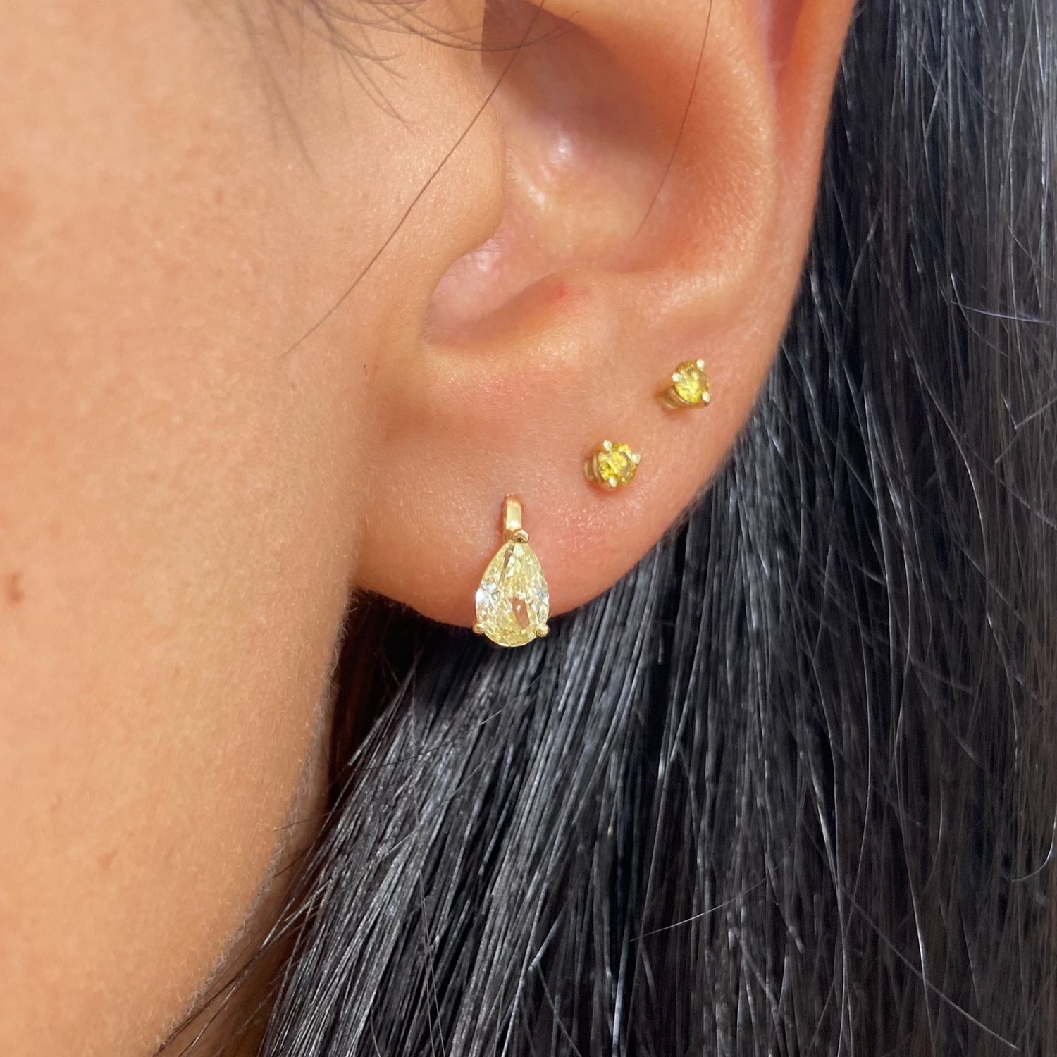 Yellow Pear diamond huggie earrings at Rare Colors by Namdar, 5th Avenue New York