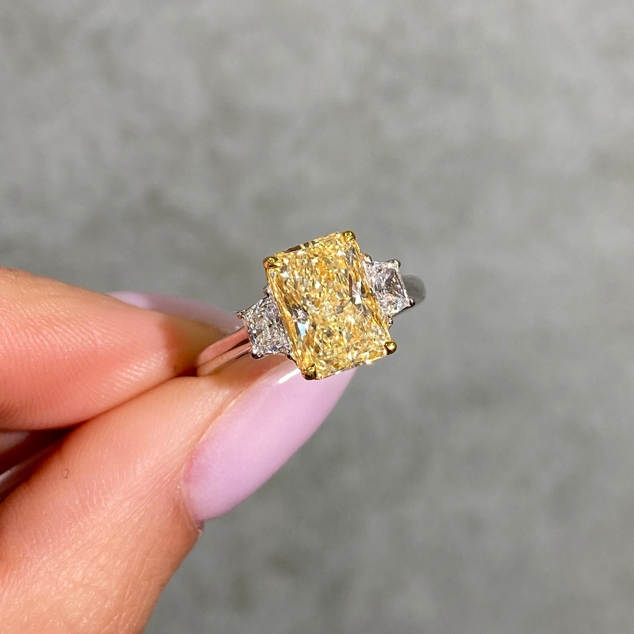 3ct Light Yellow Elongated Radiant diamond engagement ring by Rare Colors by Namdar, New York City