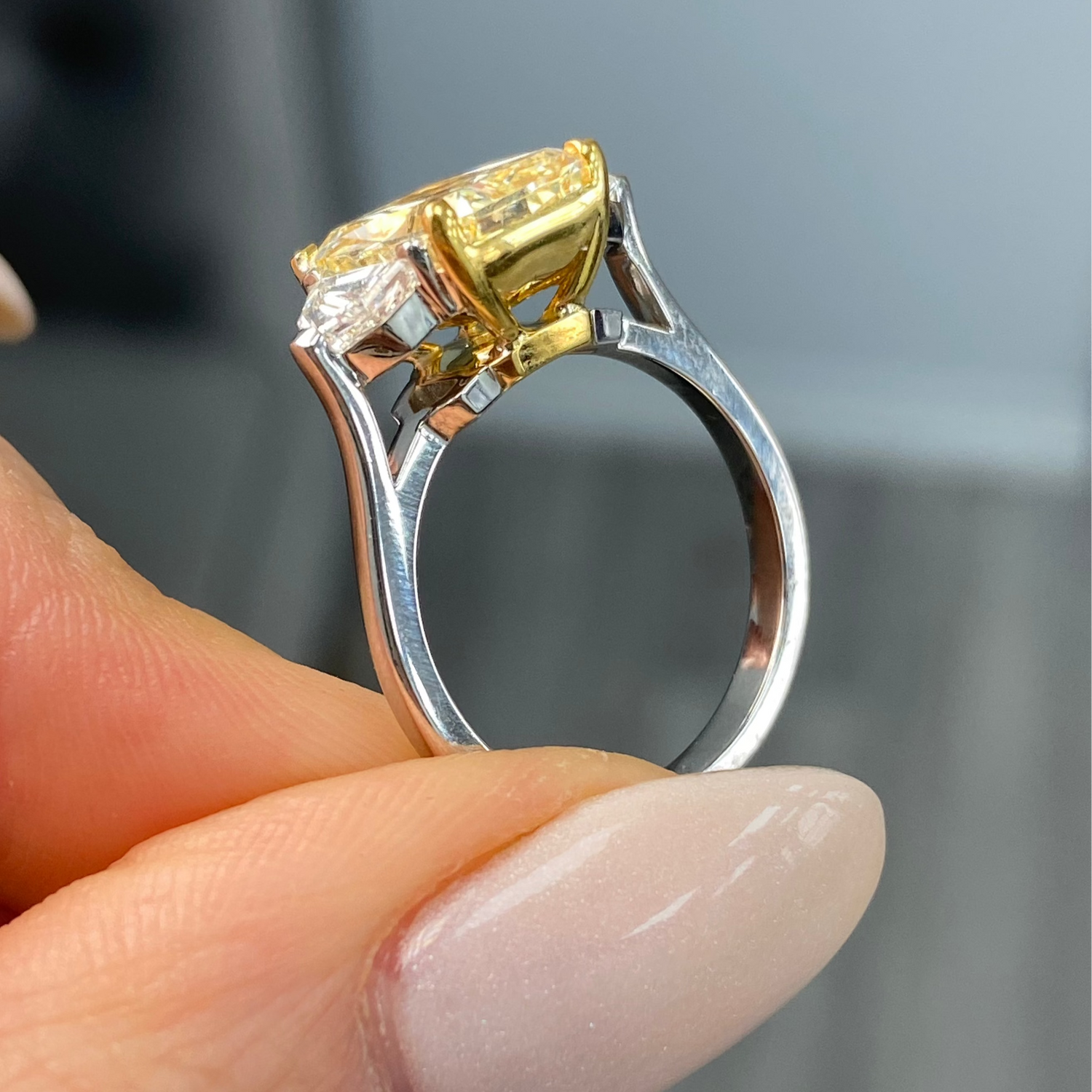 3.23 Carat Fancy Light Yellow Elongated Radiant Diamond Engagement Ring