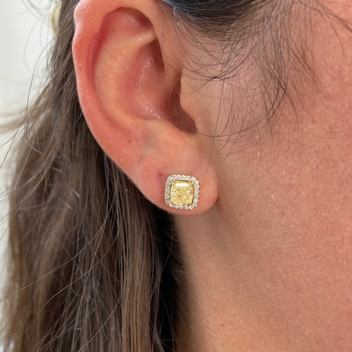 Fancy intense yellow cushion diamond studs with a F/VS2 clarity.