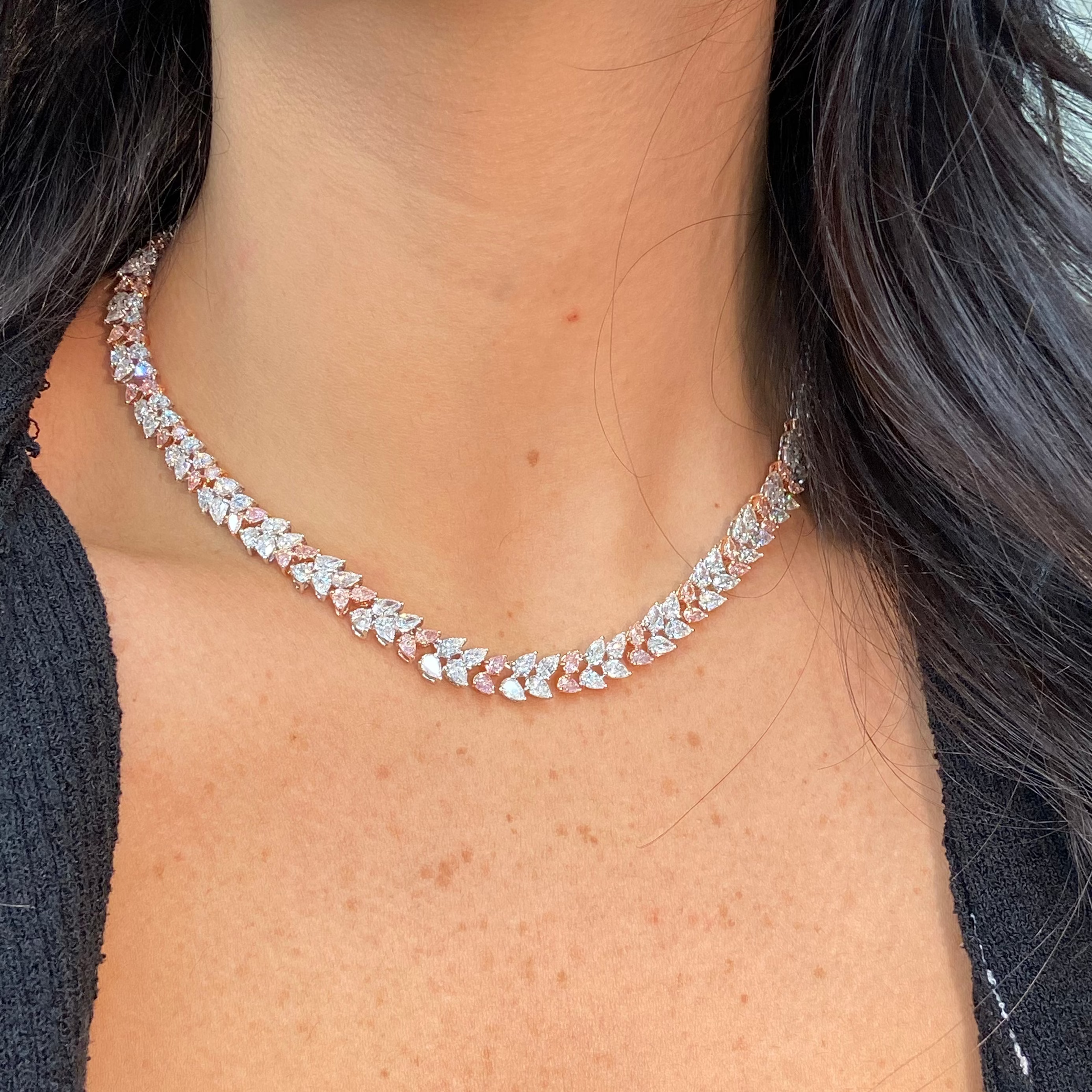 27 Carat Alternating Pink and Colorless Pear Diamond Necklace