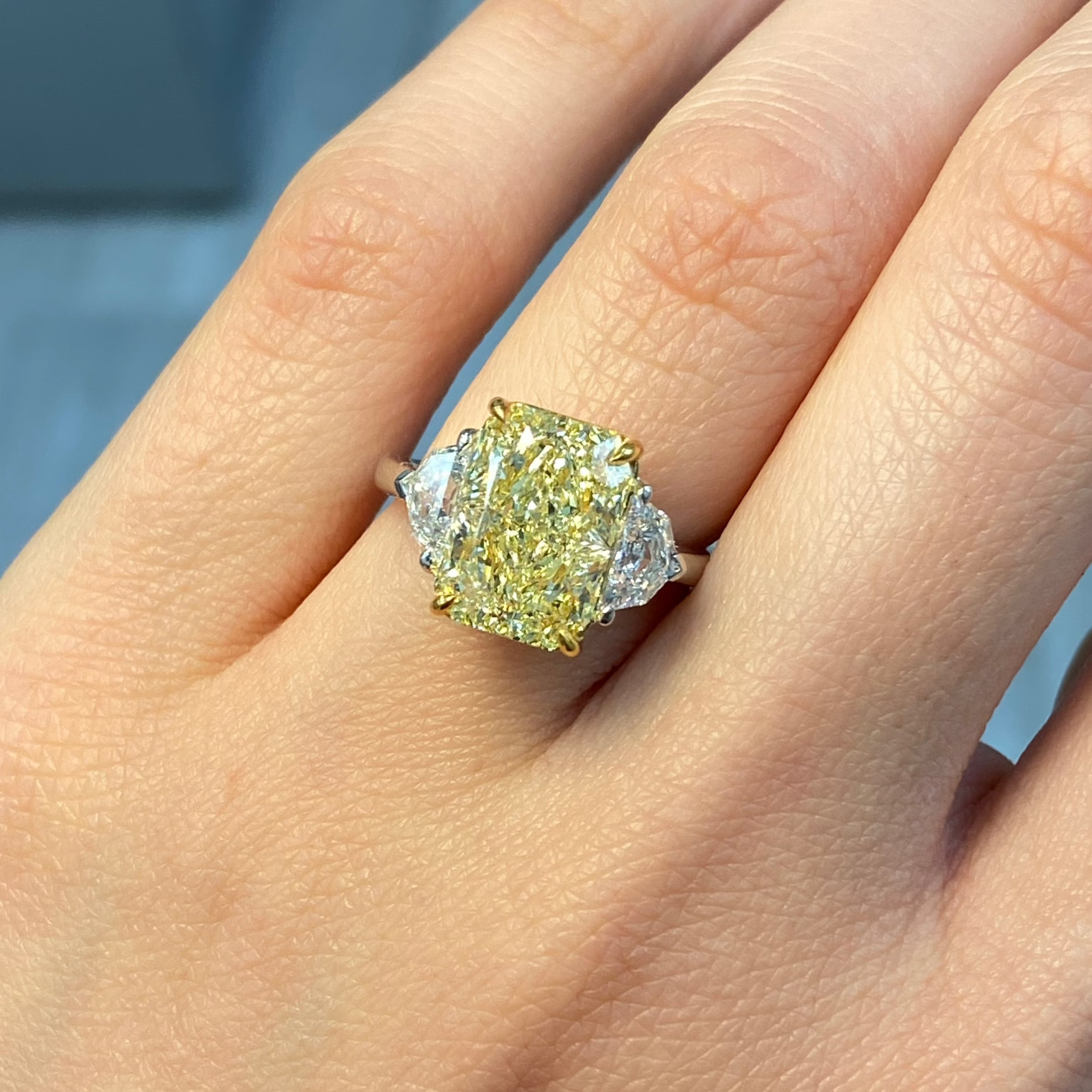 5 Carat Fancy Light Yellow Elongated Radiant Diamond Engagement Ring