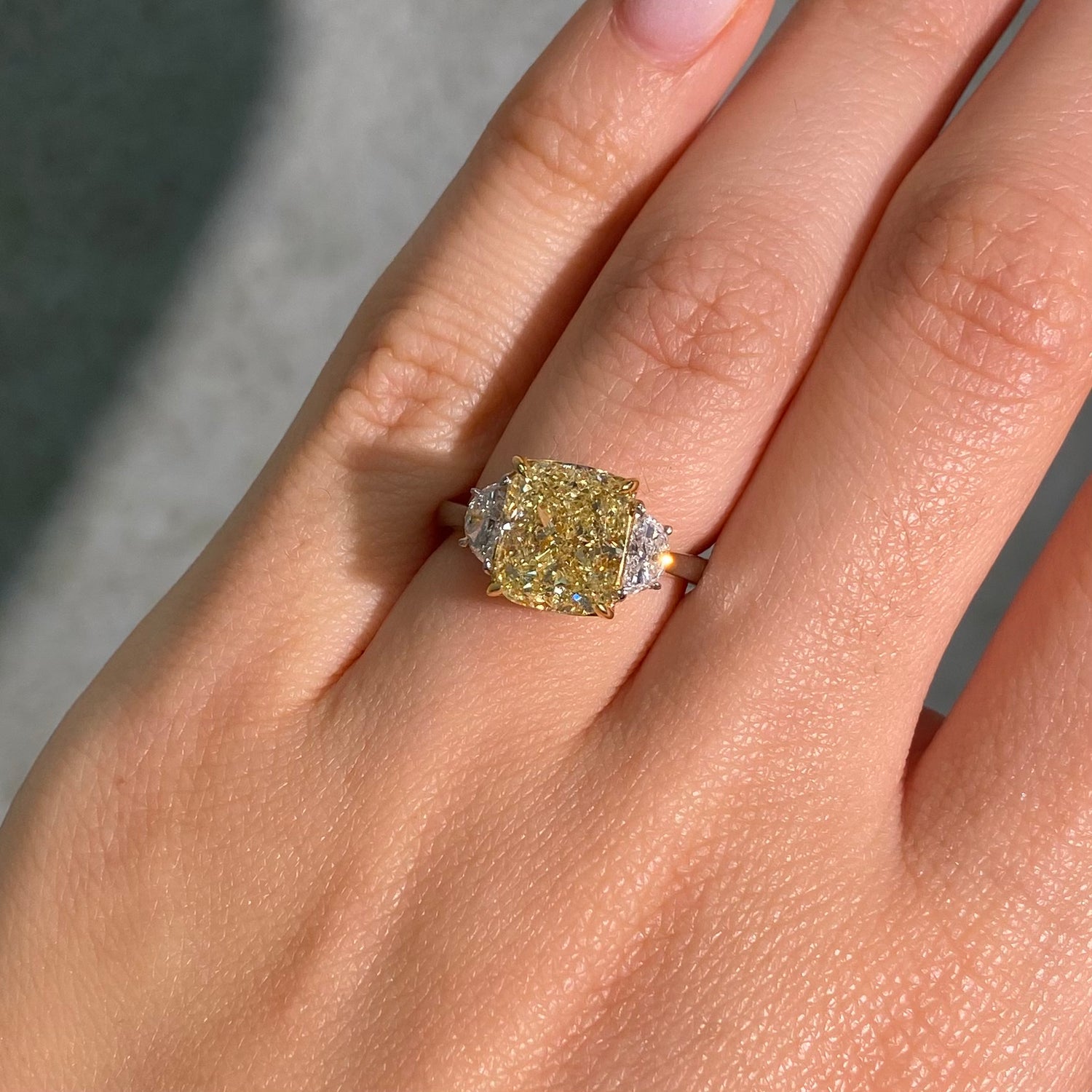 Natural 4.02ct Fancy Yellow Cushion diamond engagement ring — Rare Colors by Namdar NYC