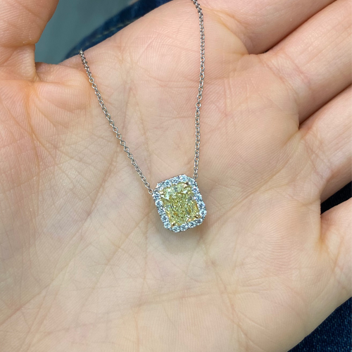 1.71ct Light Yellow Radiant in Diamond Halo Pendant Necklace