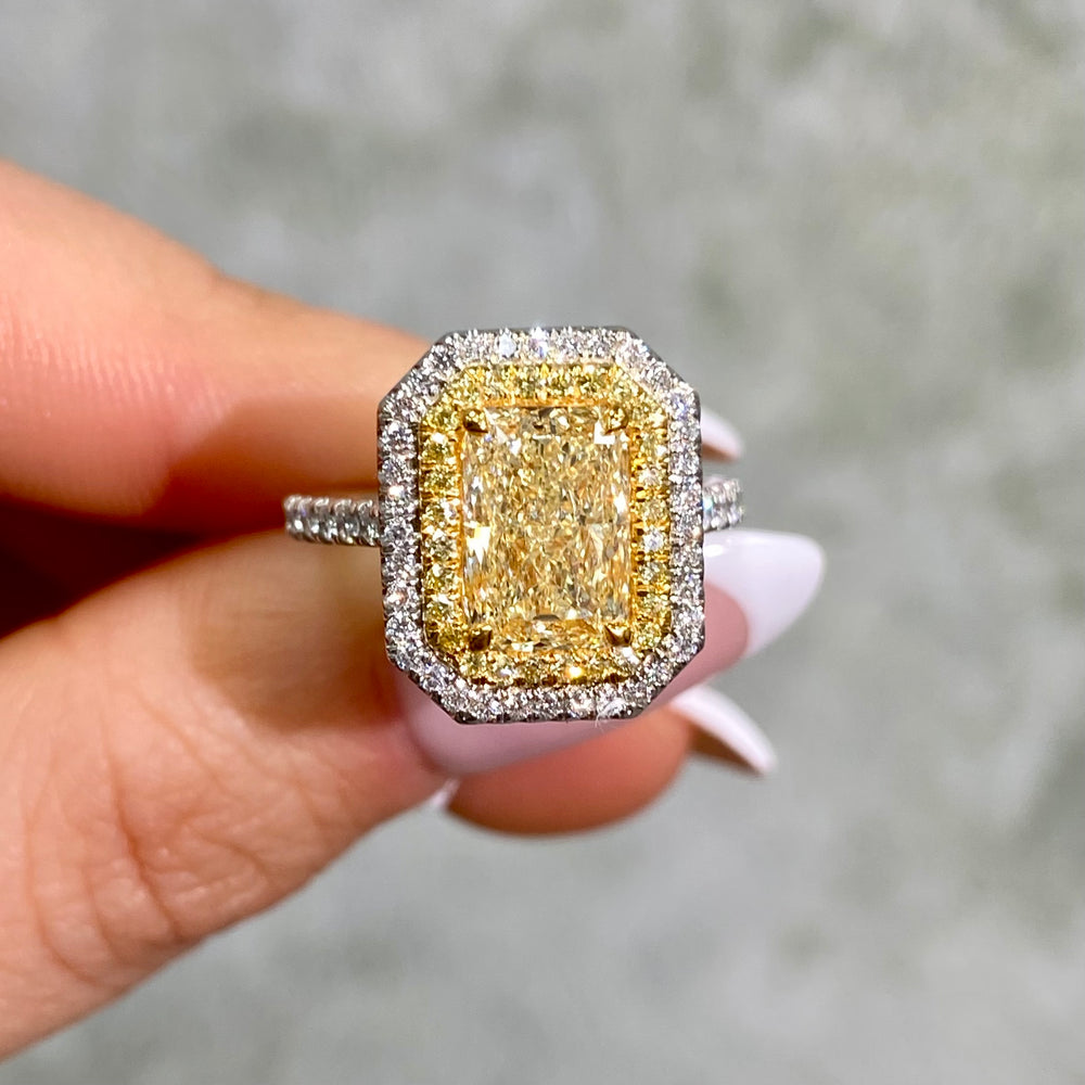 2.35ct Light Yellow Elongated Radiant Diamond Double Halo Engagement Ring