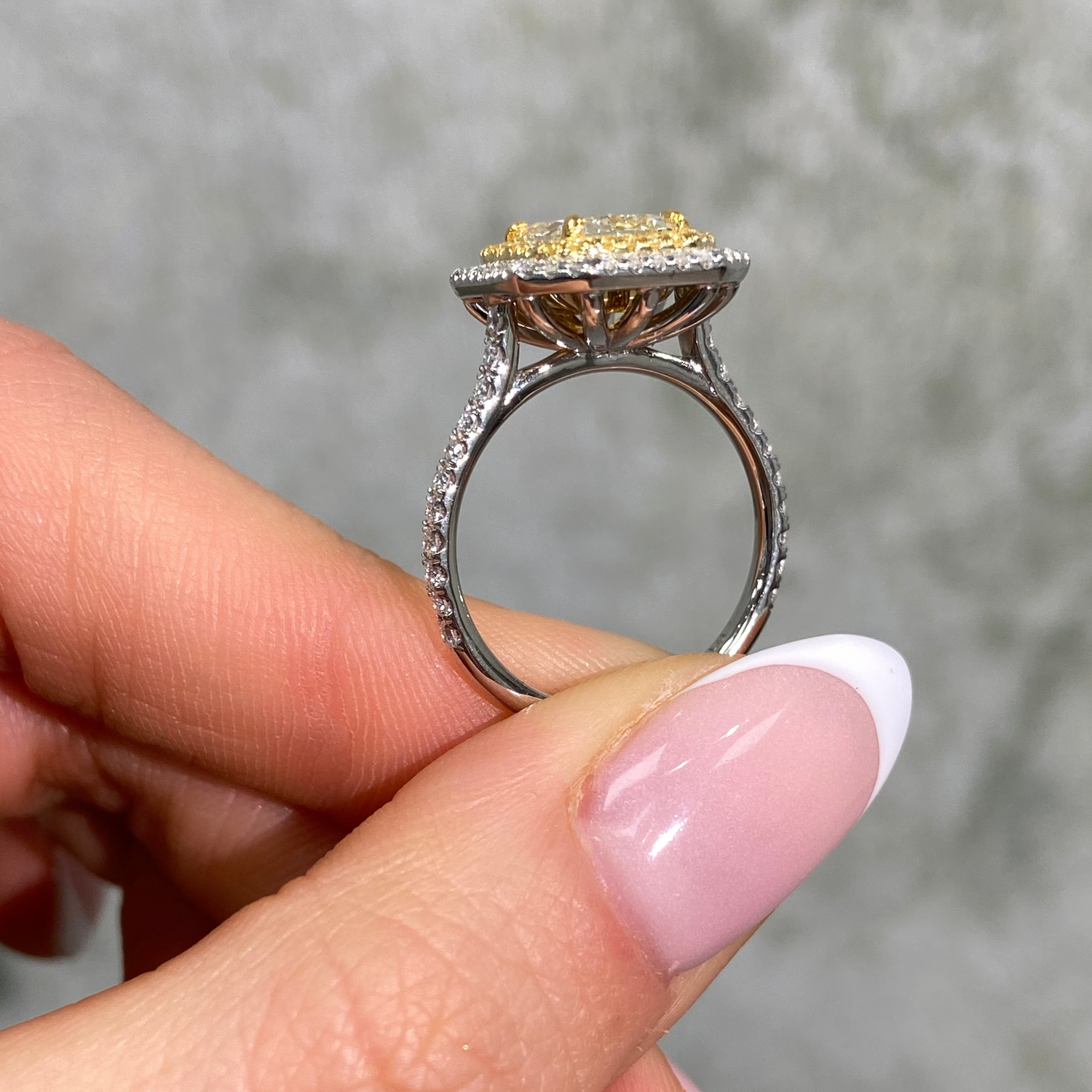 2.35ct Light Yellow Elongated Radiant Diamond Double Halo Engagement Ring