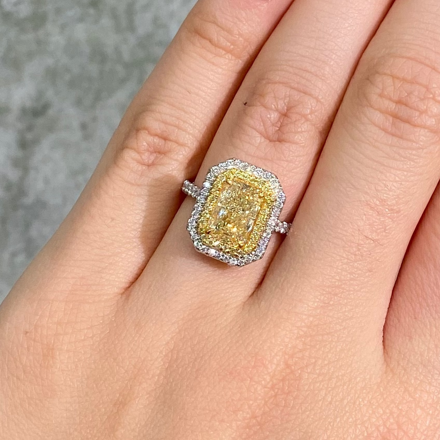 2.35ct Light Yellow Elongated Radiant Diamond Double Halo Engagement Ring