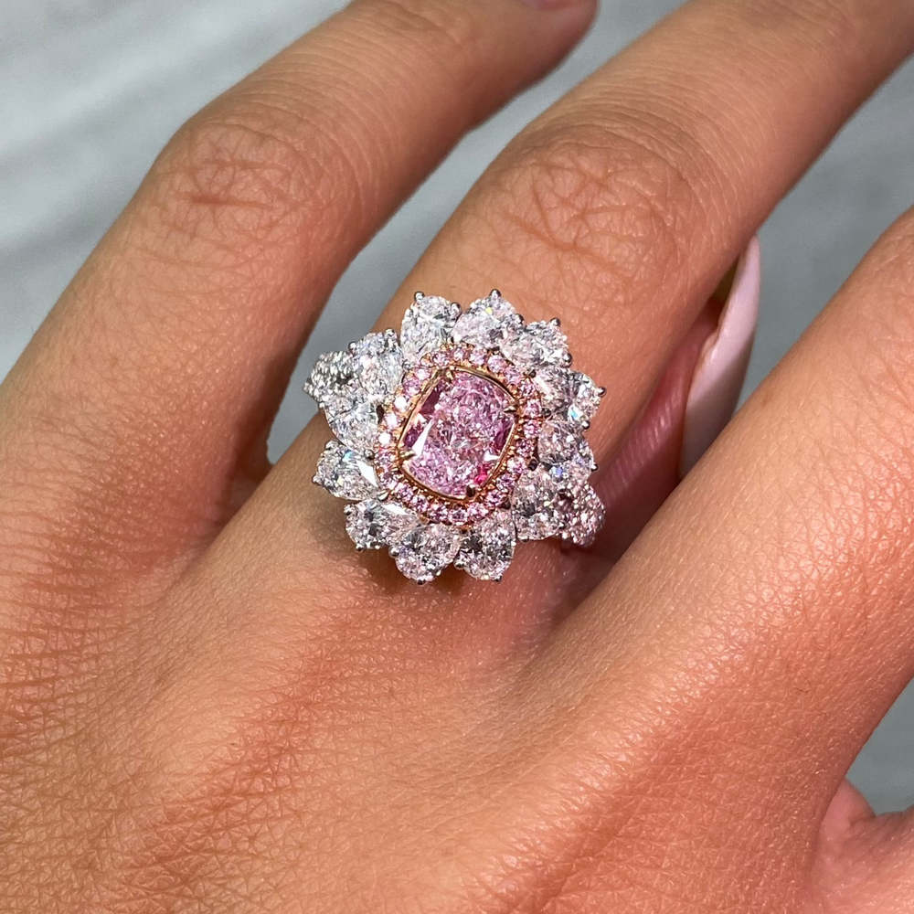 1ct Light Pink Cushion diamond ring, handcrafted by Rare Colors by Namdar