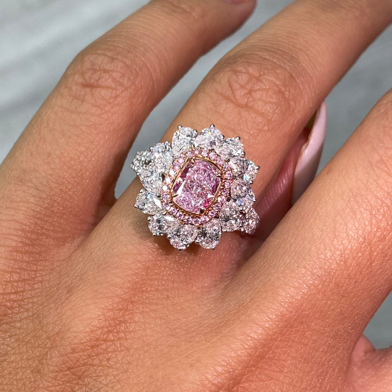 1ct Light Pink Cushion diamond ring, handcrafted by Rare Colors by Namdar