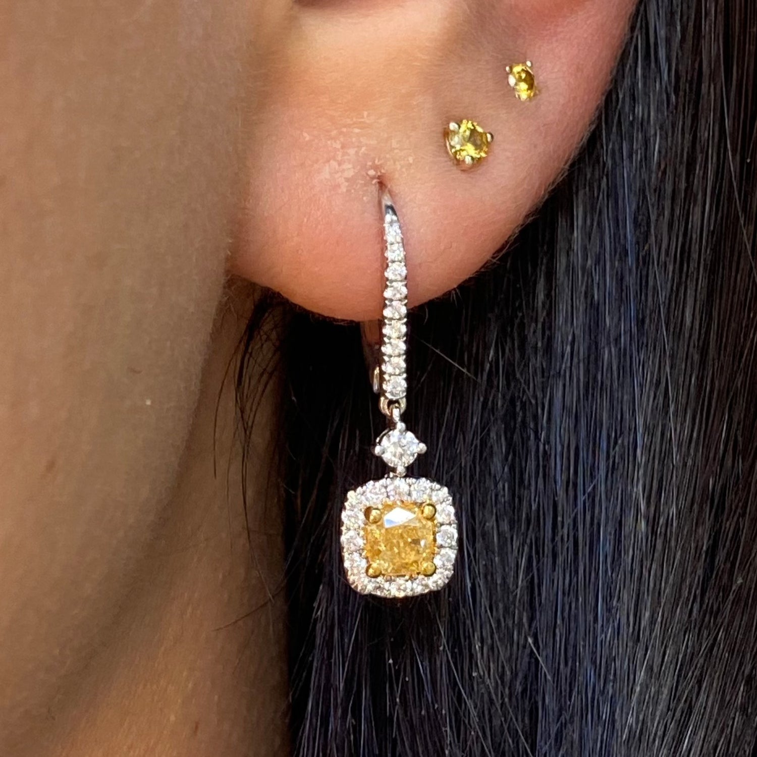 Rare Colors by Namdar 1ct Yellow Cushion diamond drop earrings, New York City