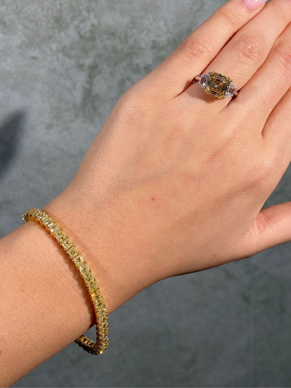 17ct Fancy Yellow Asscher diamond bracelet at Rare Colors by Namdar, 5th Avenue New York