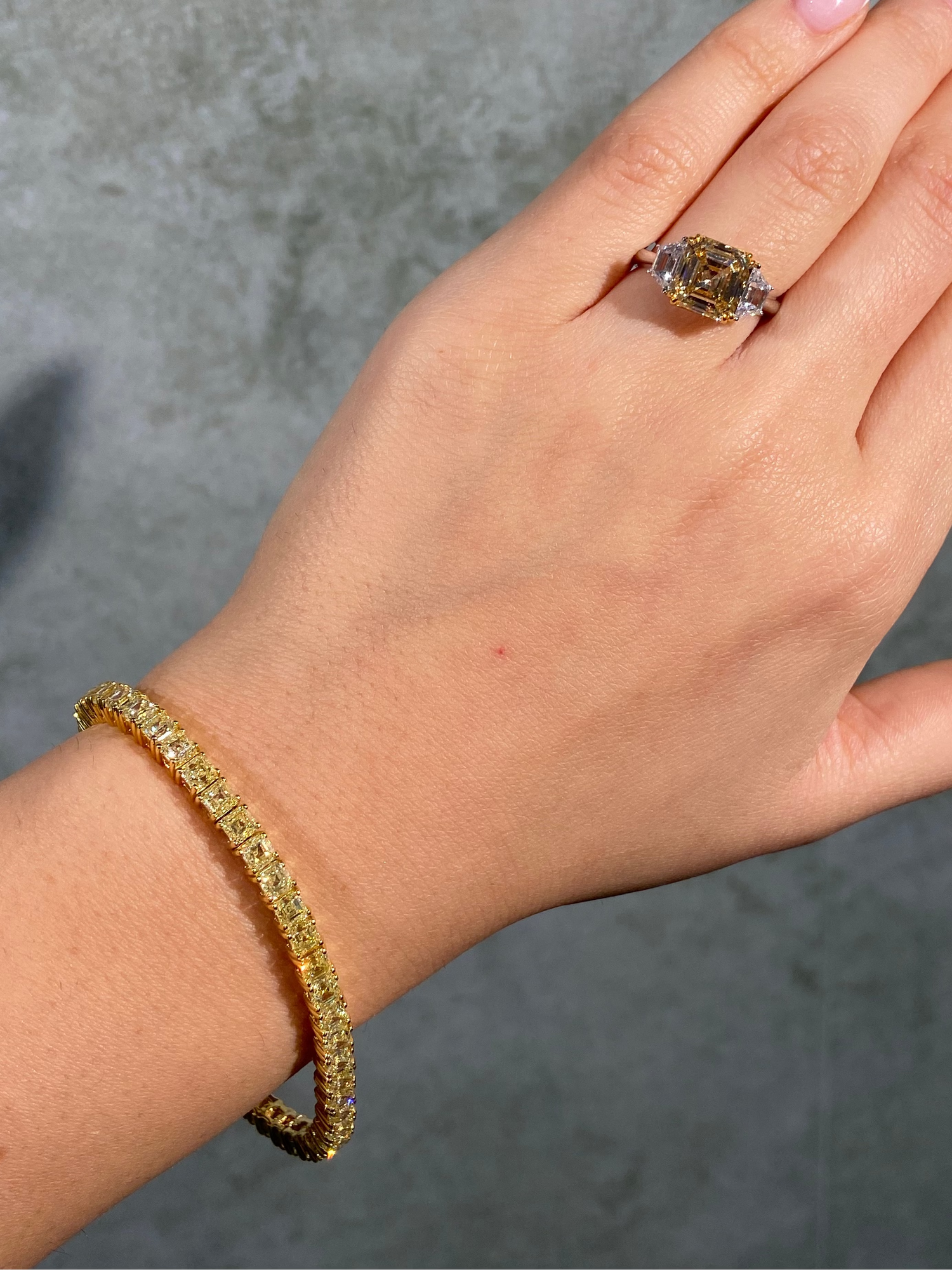 17ct Fancy Yellow Asscher diamond bracelet at Rare Colors by Namdar, 5th Avenue New York