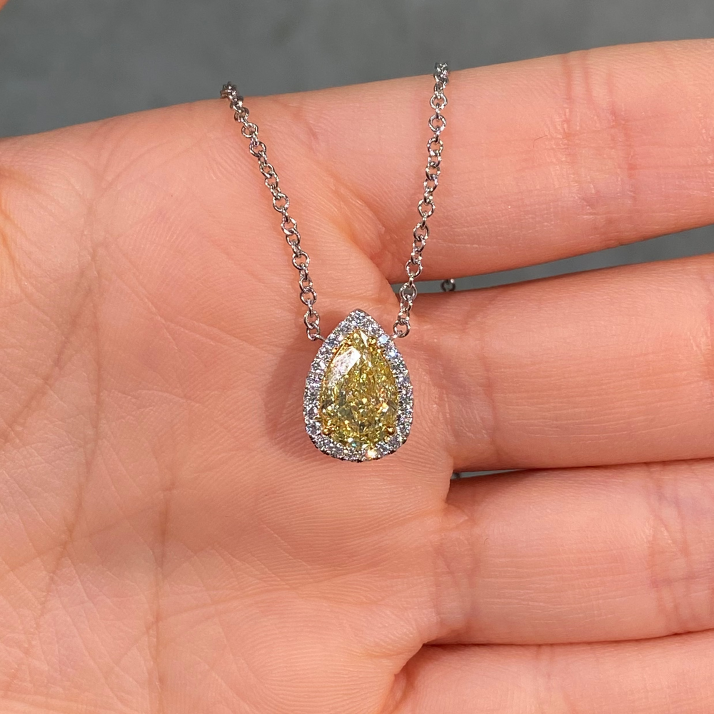 2 Carat Fancy Yellow Pear Diamond Halo Pendant