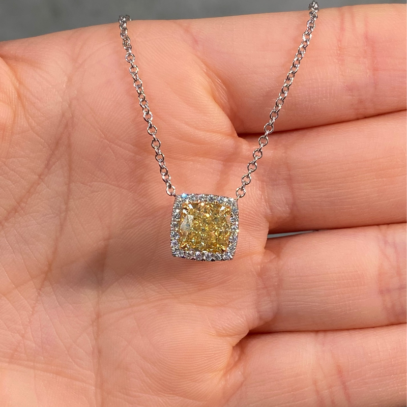 2.7 Carat Fancy Yellow Cushion Diamond Halo Pendant
