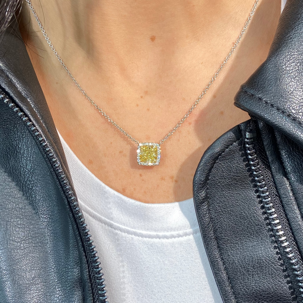 GIA 2.7ct Fancy Yellow Cushion diamond pendant at Rare Colors by Namdar, 5th Avenue New York