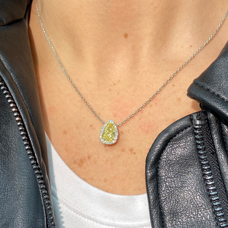2 Carat Fancy Yellow Pear Diamond Halo Pendant