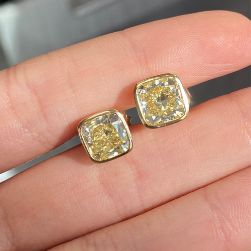 Fancy Yellow Cushion Diamond Bezel Stud Earrings