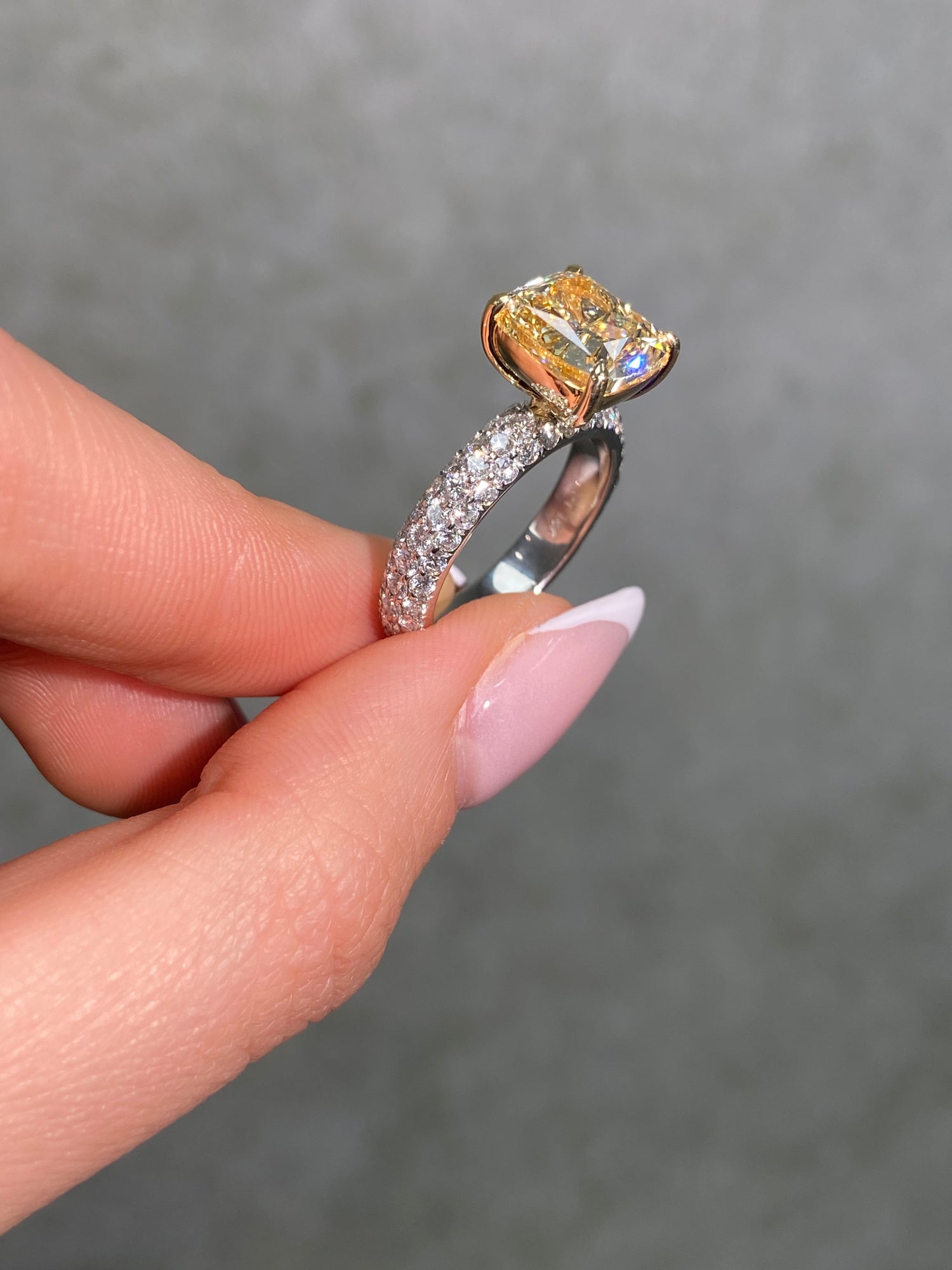 4ct Fancy Light Yellow Cushion Diamond Pave Solitaire Engagement Ring