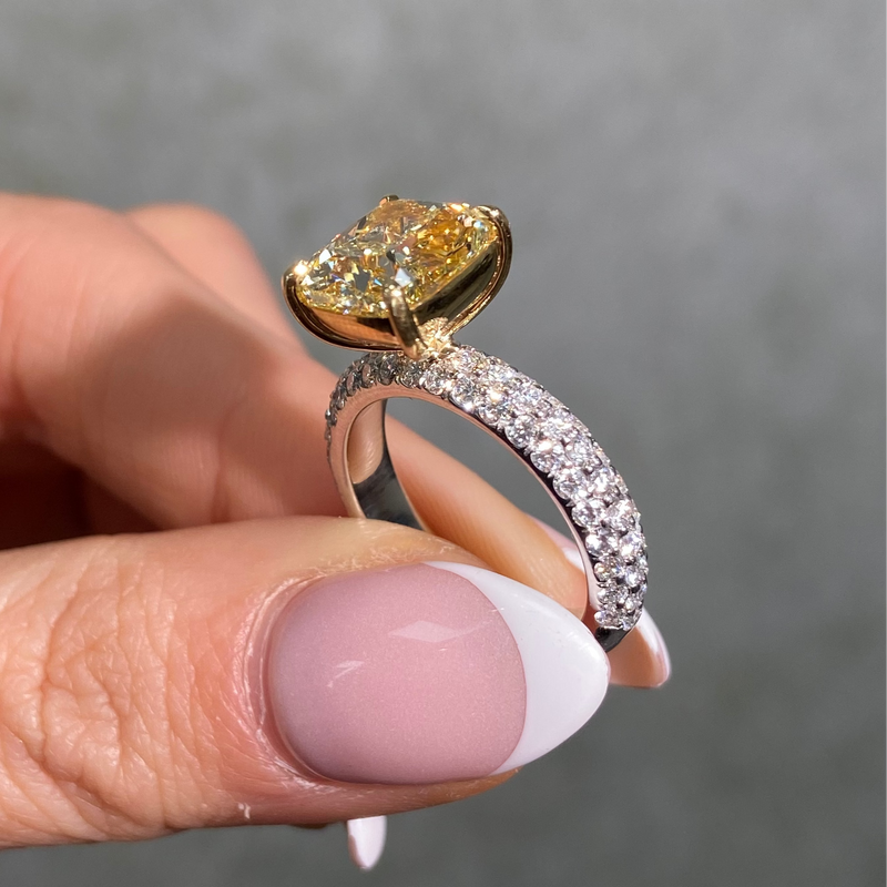 4ct Fancy Light Yellow Cushion Diamond Pave Solitaire Engagement Ring